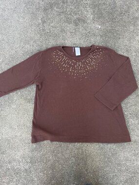 Vintage Y2K Sunburst Rhinestone 3/4 Sleeve Top Brown Women M Indie Boho Yoga Mom